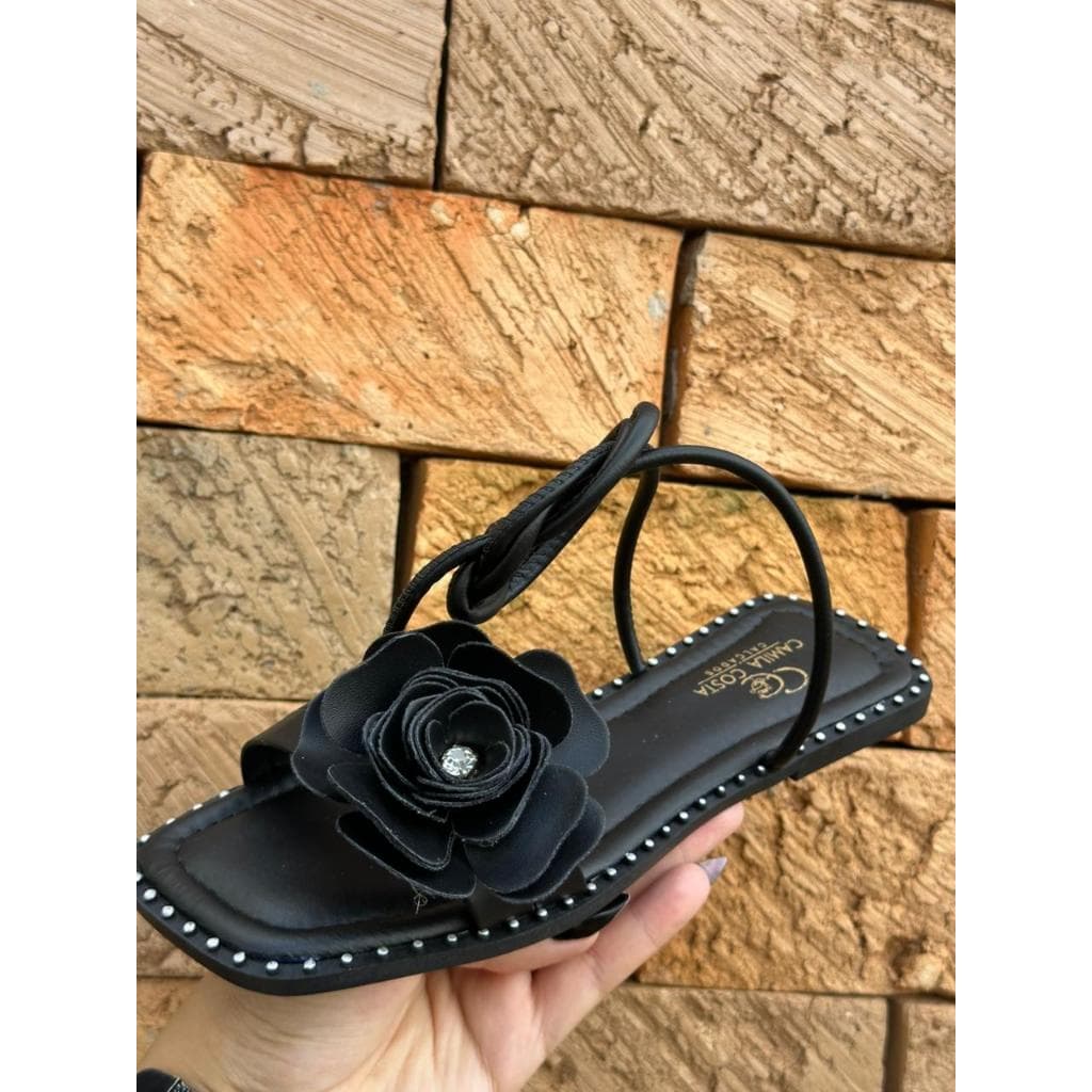Sandália Feminina Rasteira Tiras Amarração Flor Tornozelo Casual