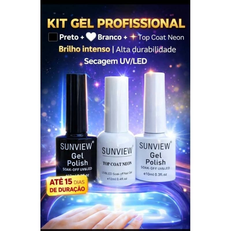 Kit Esmalte em Gel Preto + Branco + Top Coat Neon UV LED Alta Durabilidade Profissional brilho