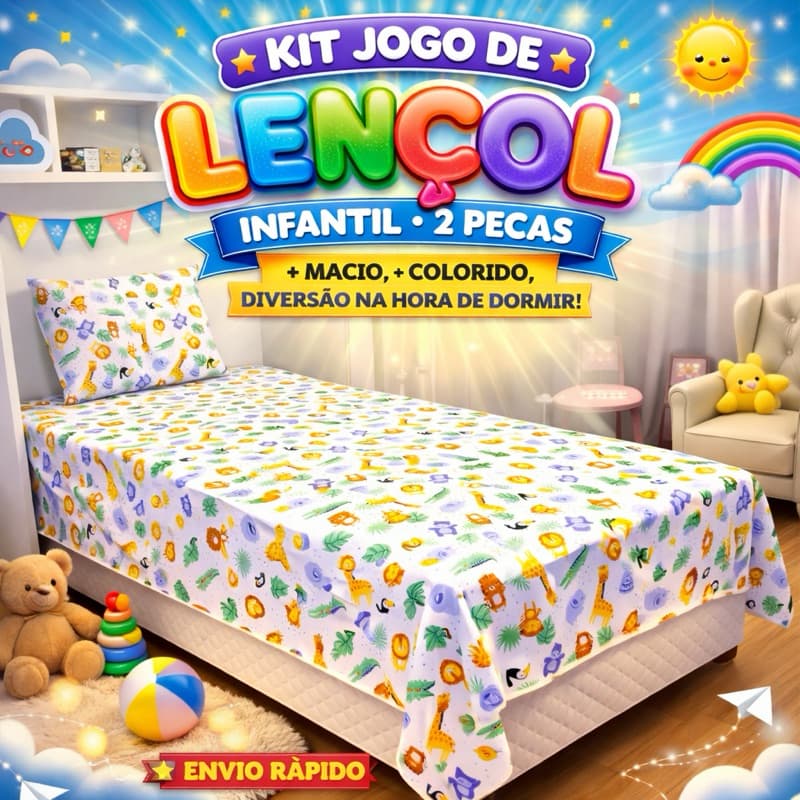 Kit Jogo de Lençol Infantil 2 Peças 100% Algodão 180 Fios Estampas Infantil Macio Confortável Qualidade Premium