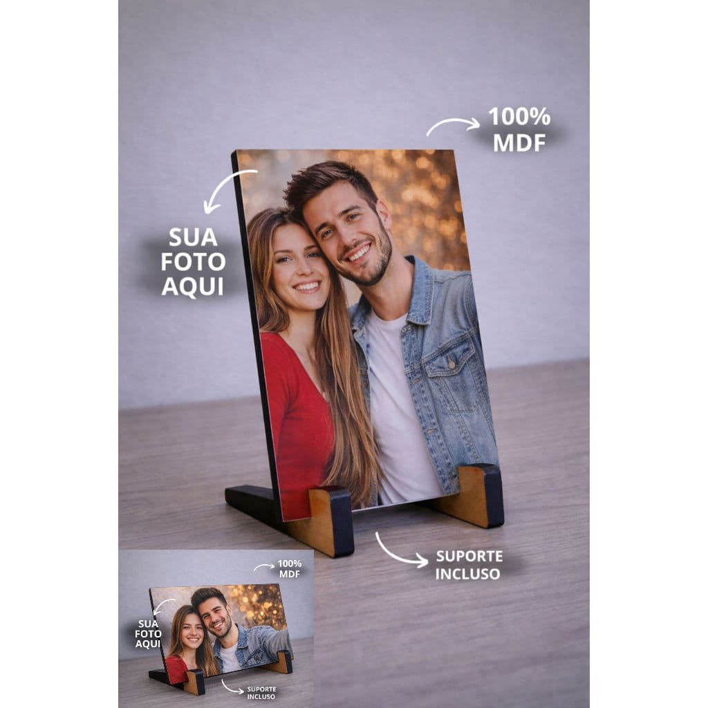 Quadro Personalizado c/ Foto 10x15cm com Suporte MDF Presente Casal Família Namorados Decoração Mesa