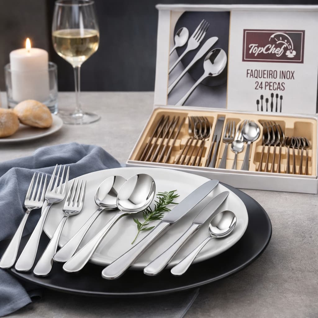 Jogo Faqueiro Inox 24 Peças Cozinha Presente Garfo Faca Colher Talheres Jantar Completo Luxo