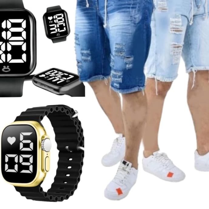Bermuda Jeans Masculina C/ Lycra Premium + Relógio Premium Ultra Prova dagua para o natal