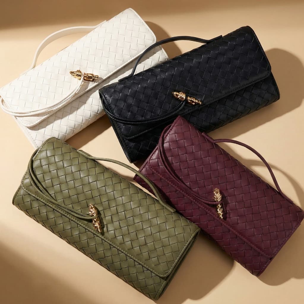 Bolsa Feminina Mão Transversal Ombro Trançada Couro PU Vegan, Clutch Noite Balada Casamento Alça Ajustável
