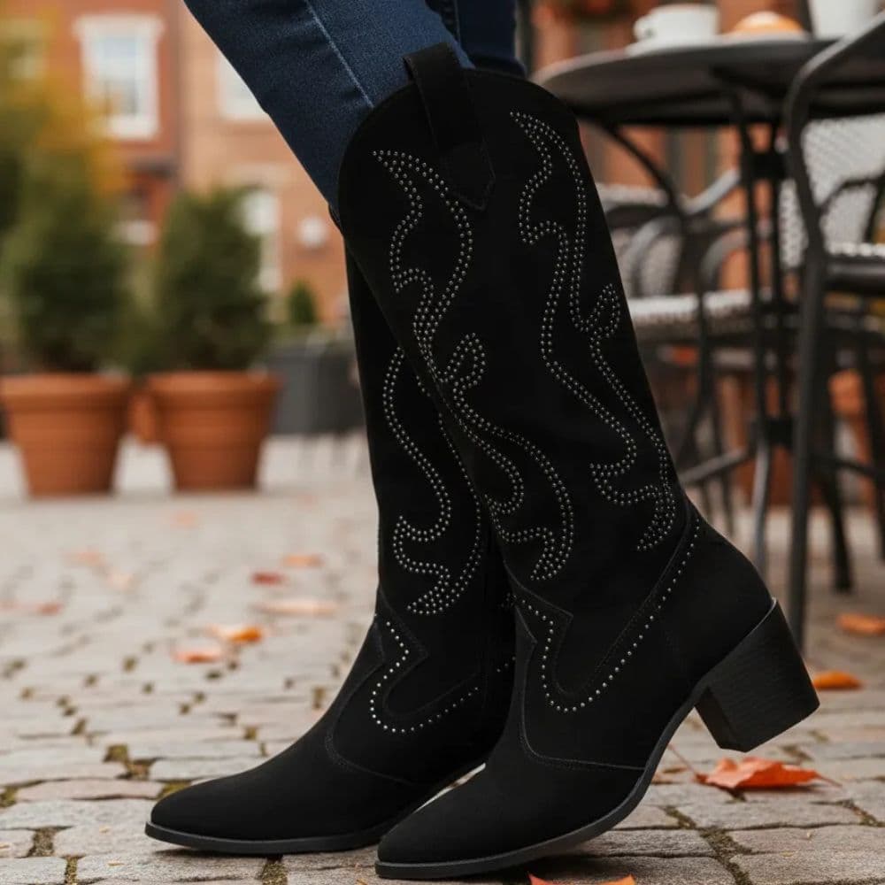 Bota Feminina Cano Alto Preto Brilho Camurça Zíper Salto Baixo Inverno Coutry Confortavél