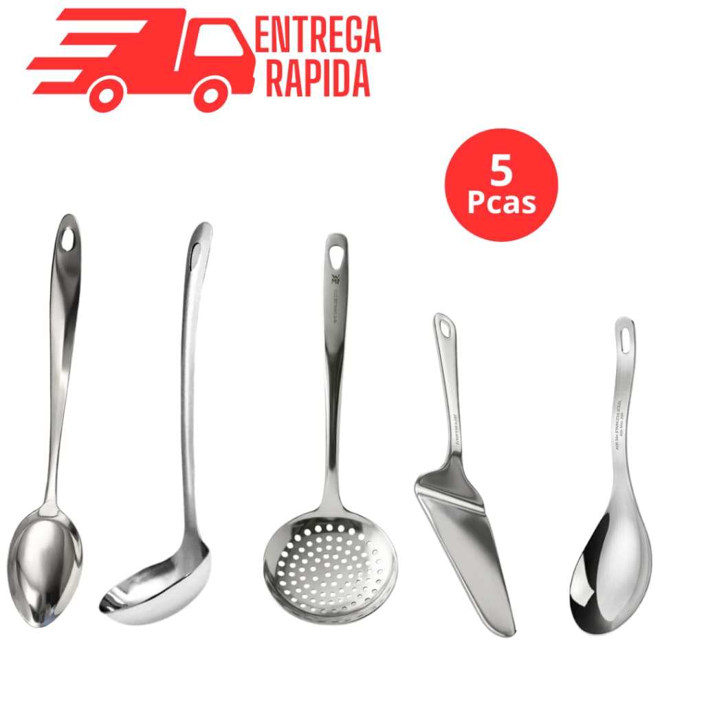 Kit 5 Utensílios de Cozinha Aço Inox Concha Escumadeira Colher de Arroz  Espátula bolo Resistente