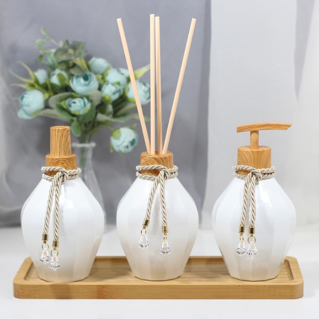 Kit Lavabo Decoração Sabonete Difusor Home Spray Bandeja Pia