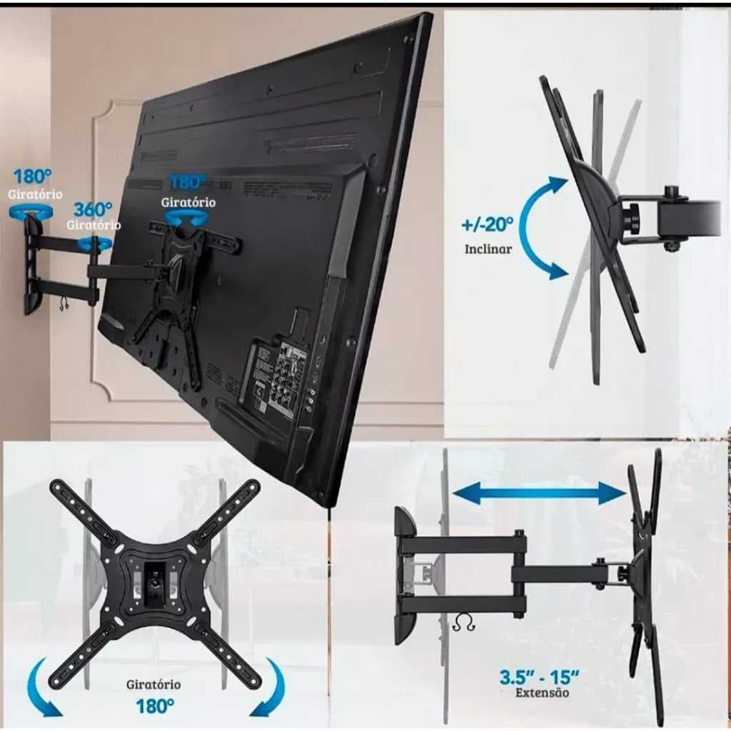 Suporte de Parede Articulado Reforçado p/ TV 14'' a 55'' com Parafusos – Ajustável e Seguro