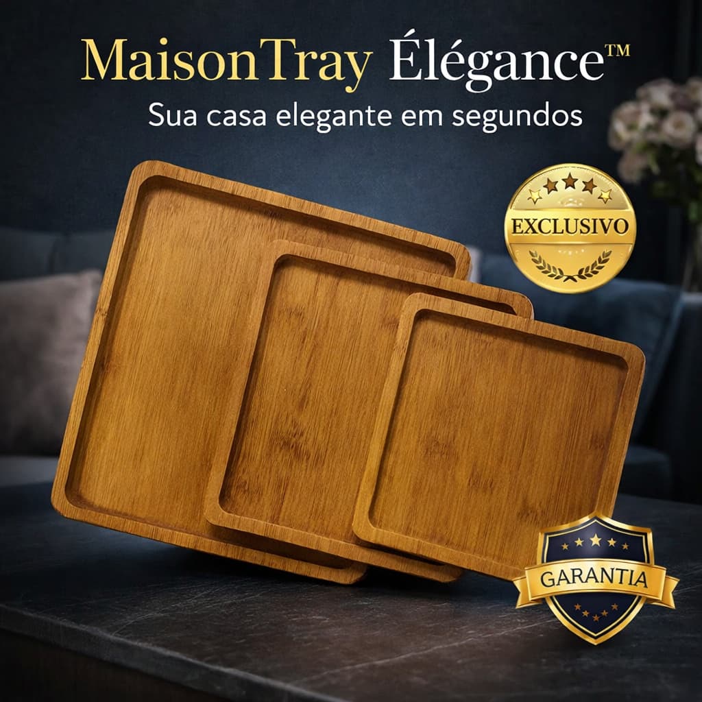 Conjunto 3 Bandejas de Madeira Quadradas Resistentes Decorativas Versáteis
