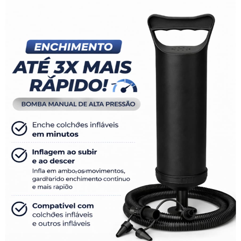 Bomba de Ar Manual Para Encher Boia Colchão e Piscina com Mangueira 3 Picos Portátil