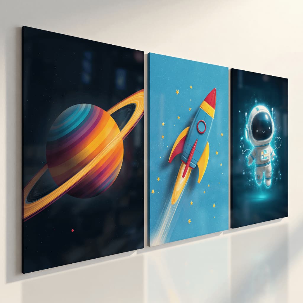 Quadros Decorativos Infantil Espaço Foguete Astronauta Kit 3 Peças Quarto Menino Moderno
