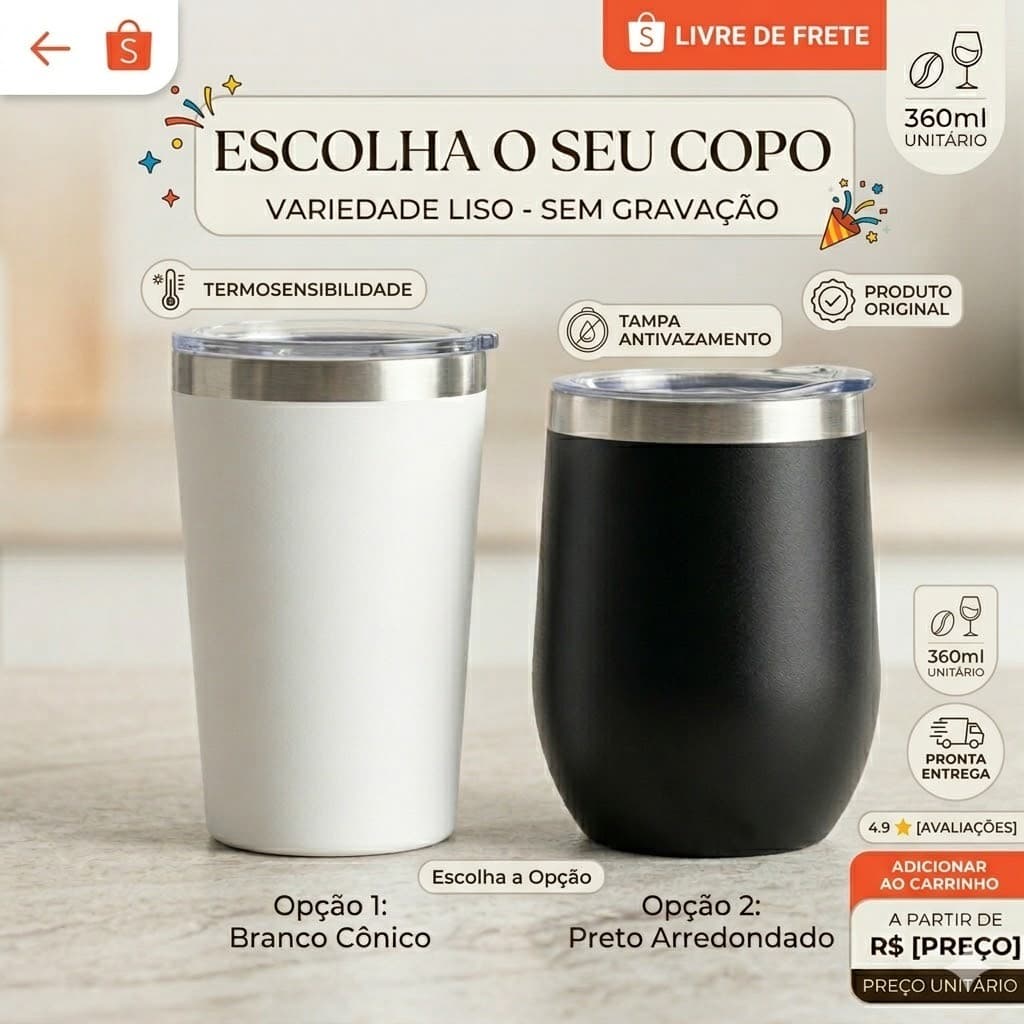 Copo Térmico 360ml Inox Com Tampa Liso - Escolha Modelo/cor
