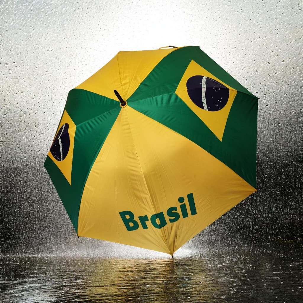Guarda-Chuva Tipo Bengala, Estampa Temática do Brasil, com 8 Varetas em Ferro, Cobertura em Tecido Poliéster