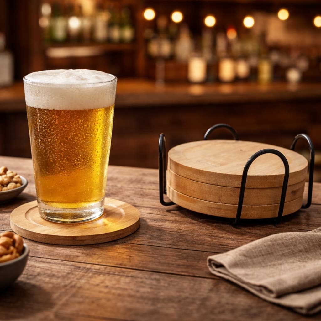 Kit 4 Porta Copo Bambu com Suporte de Ferro Descanso Protetor Mesa Cerveja Bar Drinks Taça Vinho