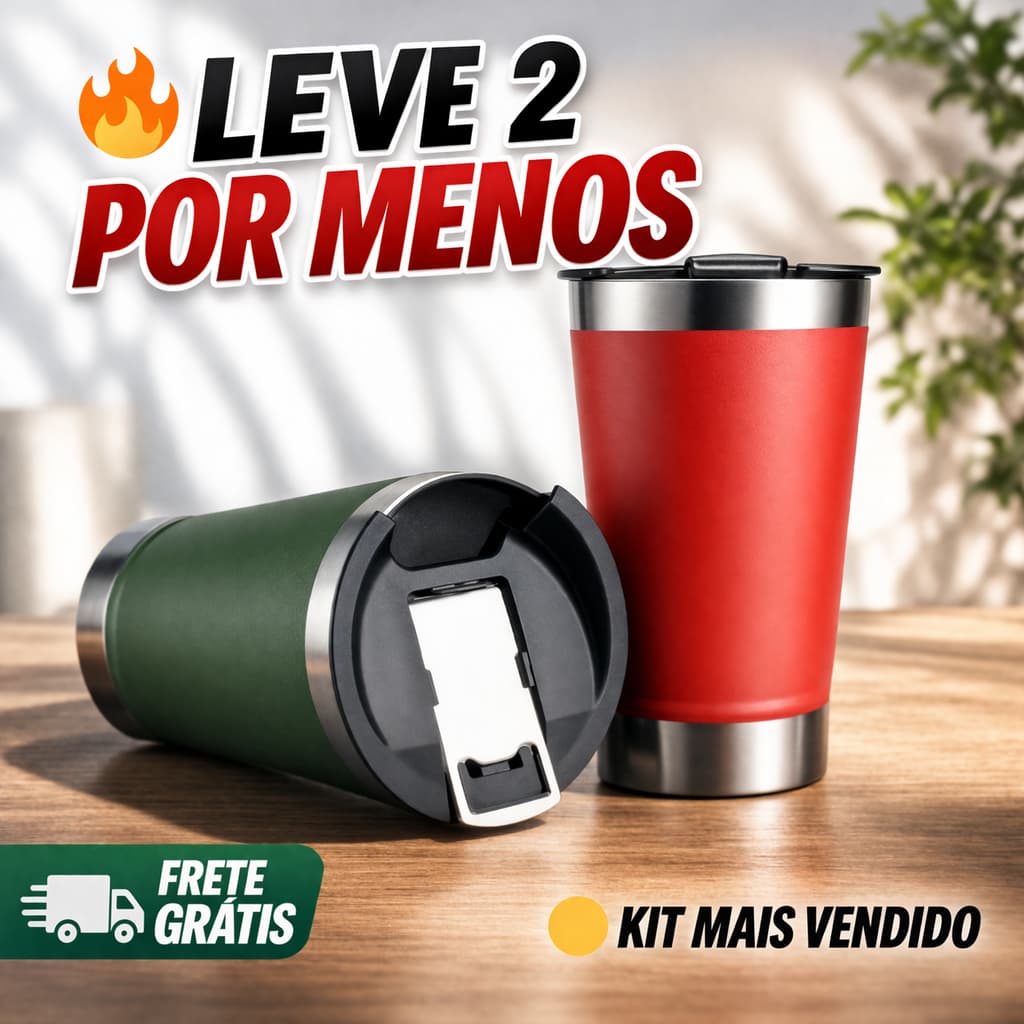 Copo Térmico Inox 473ml com Tampa Abridor Kit com 2 Unidades – Mantém Quente e Gelado