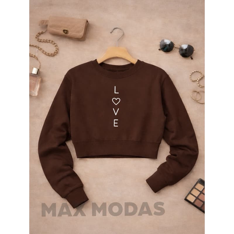 Cropped Moletom Manga Longa Love Flanelado Em Alta Tendencia