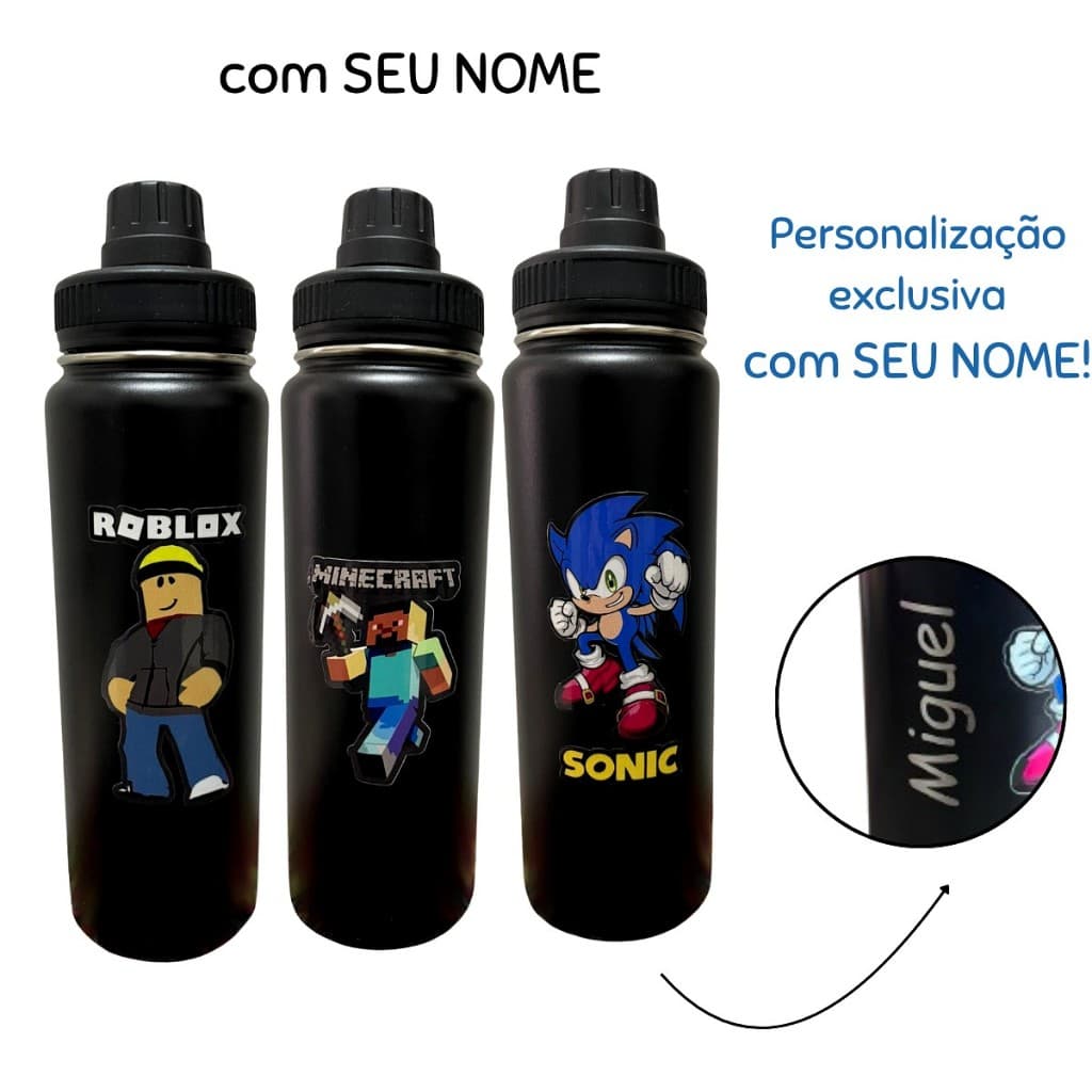 Garrafa Térmica  800 Ml Inox Personalizada  Inox com Alça com tampa antivazamento Sonic com Nome infantil adulto escolar