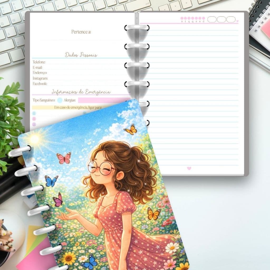 Caderno A5 Fofo Borboletas | 80 Folhas 90g | Caderno Inteligente | Papelaria Fofa