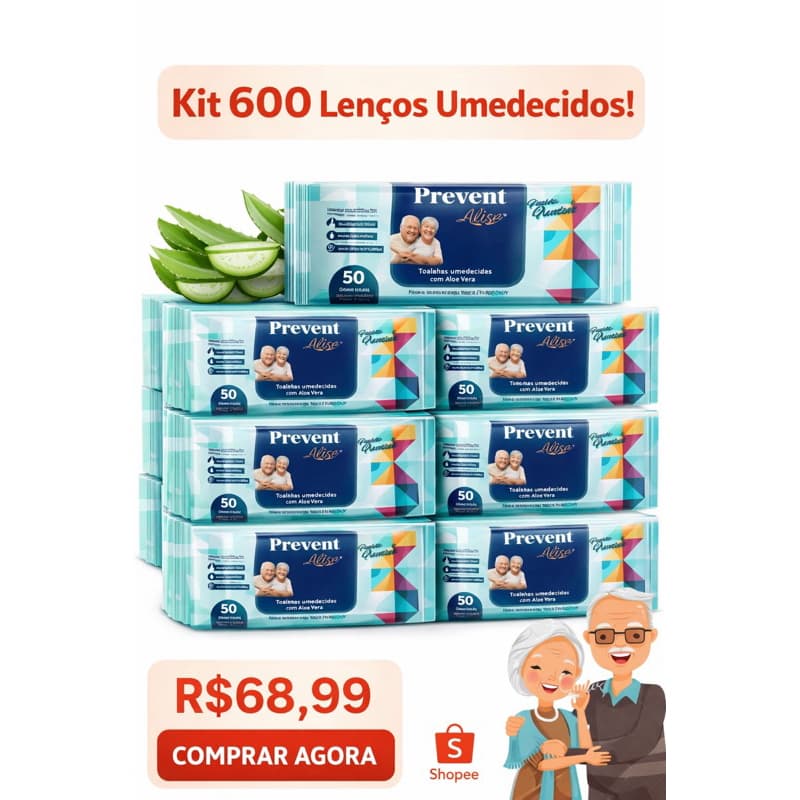 Kit Lenços Umedecido com até 12 pacotes  Geriátrica Prevent (50un cada)