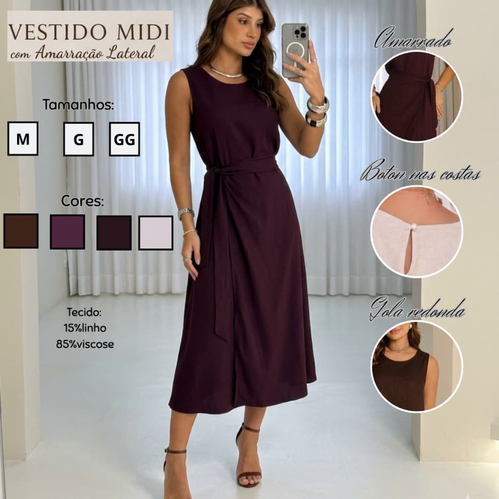 Vestido Midi Femenino Elegante Forrado com Amarração Lateral Botõe nas Costas M G GG