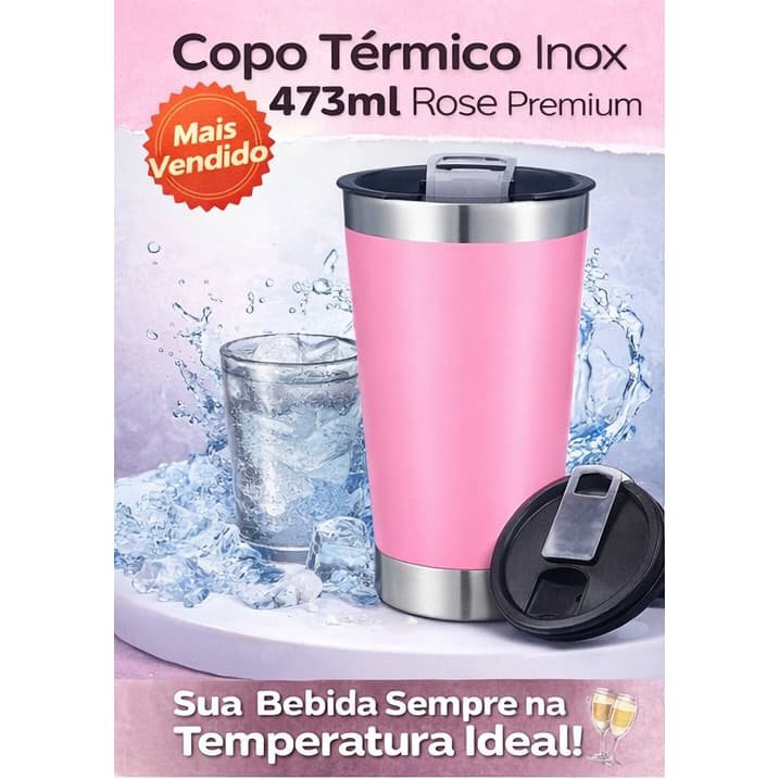 Copo Térmico Inox com Tampa e Abridor 473ml Parede Duva a Vácuo Cerveja Café ROSÊ Premium