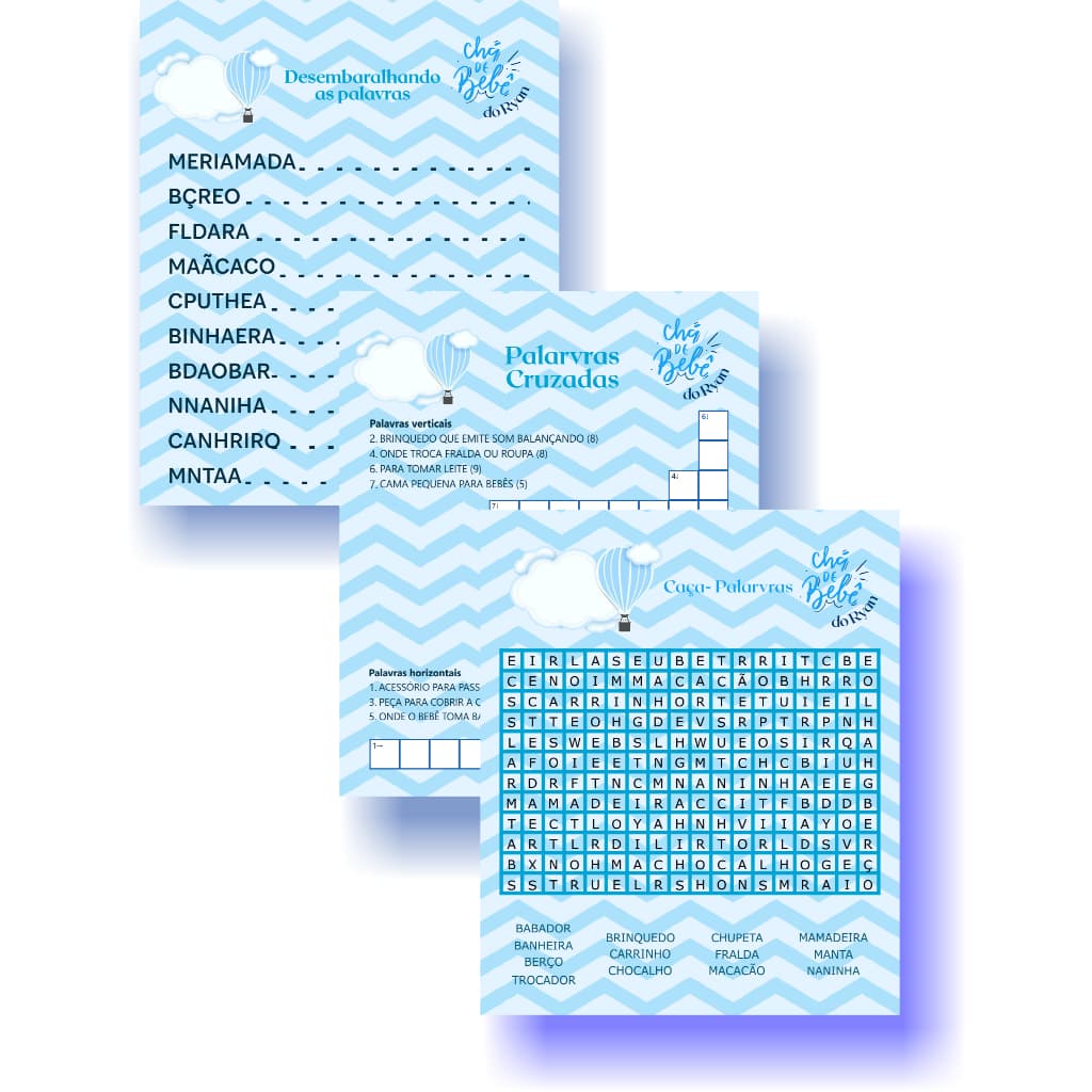 Kit 3 Jogos Para Chá de Bebê Personalizado - Caça Palavras / Desembaralhe as Palavras / Palavras Cruzadas