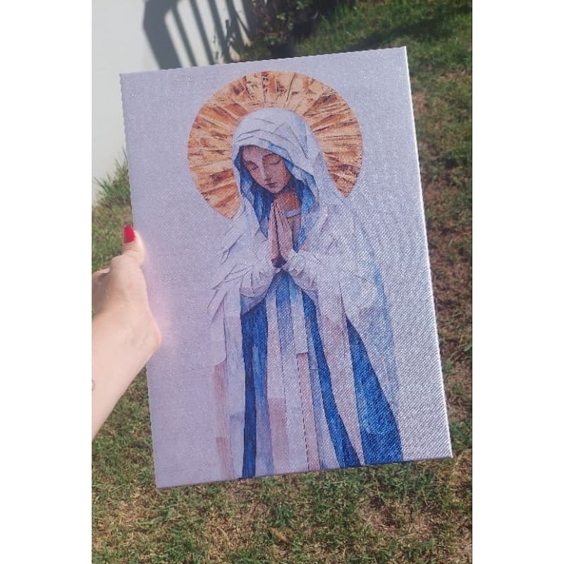 Tela Decorativa de Nossa Senhora no tecido cetim Fé - Luz - Amor - religioso - quadro
