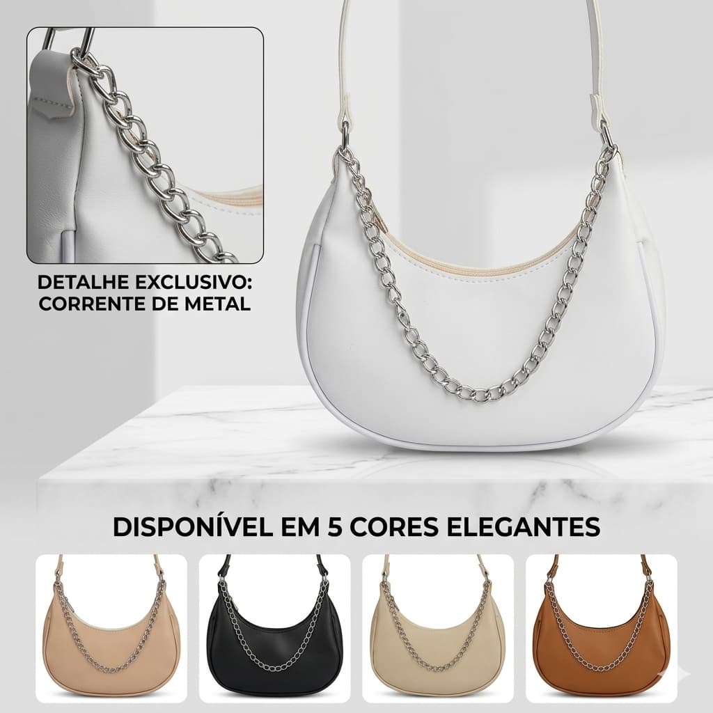 Bolsa Feminina Meia Lua Premium Tiracolo Corrente Metal Elegante Moderna