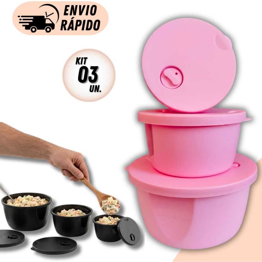 Kit 3 Pote Redondo com Válvula de Respiro 3 Tamanhos  Marmita Hermético Plástica Para Cozinha Frutas e Refeições