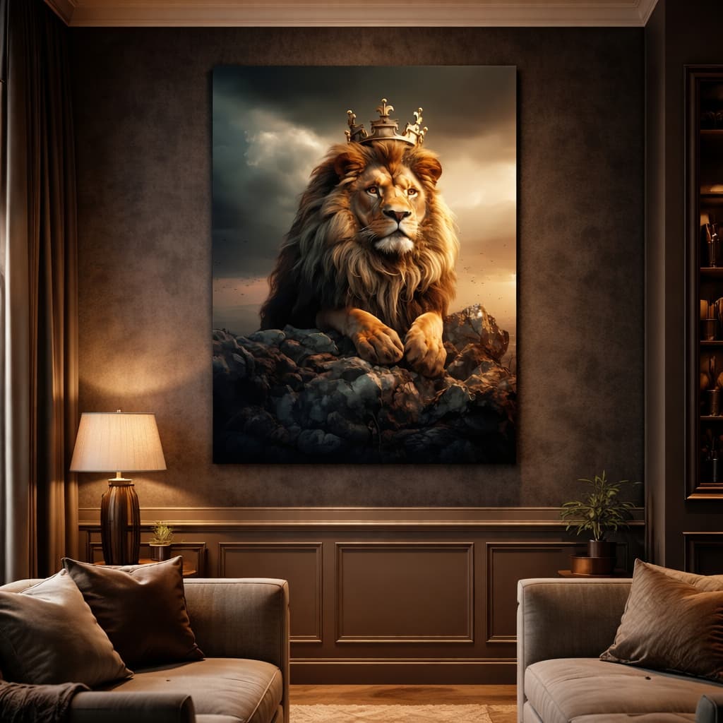 Quadro Decorativo Leão Rei da Selva Realeza Dourada Sobre as Pedras Decoração Elegante e Forte
