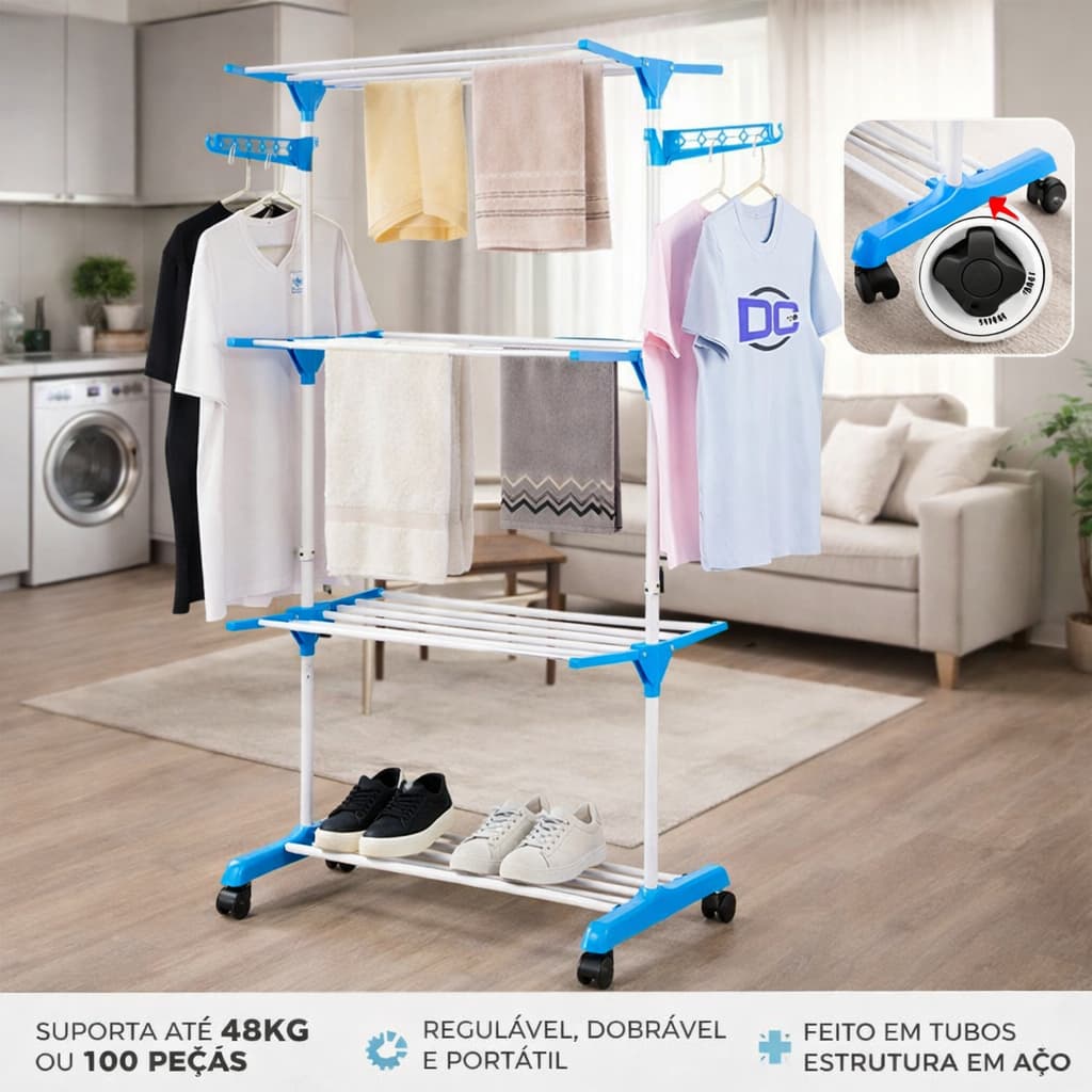 Varal De Chao Dobrável Multi Camadas Com Cabideiro Organizador De Roupas Branco