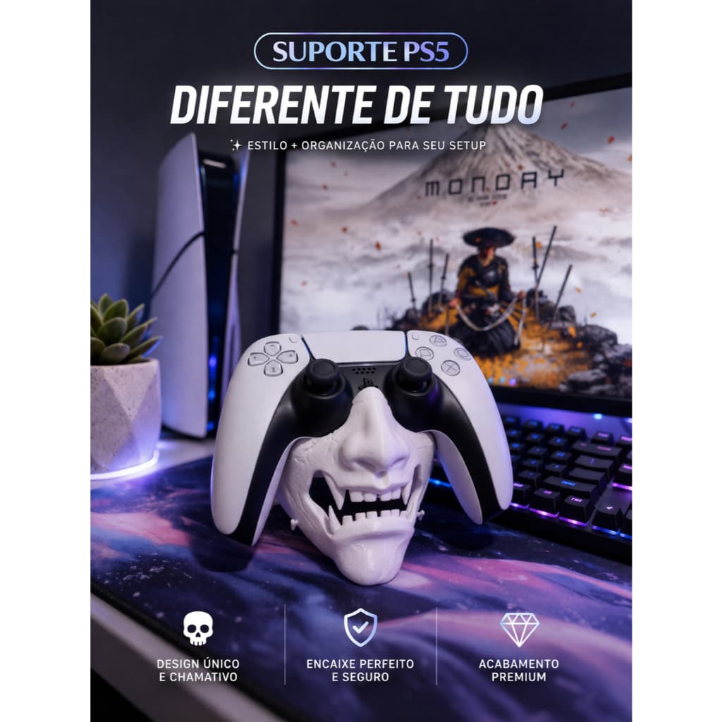 Suporte de Mascara para Controle de PS5 Ghost of Tsushima | Yotei Stand DualSense Premium Gamer