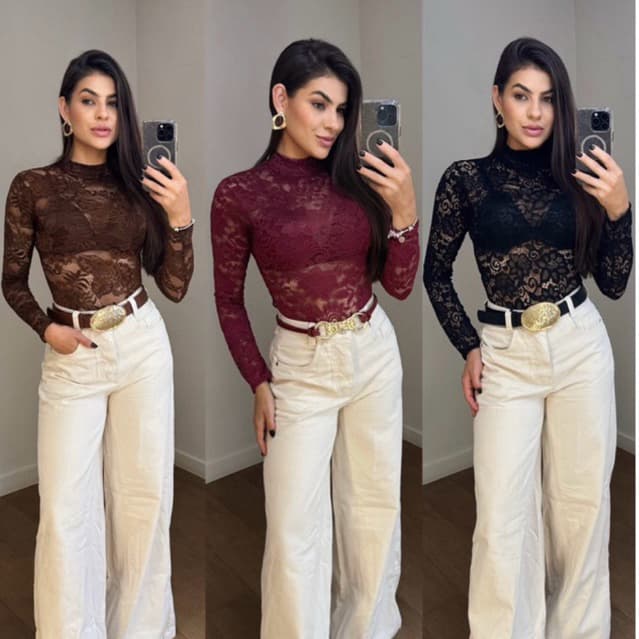 Body Feminino Renda Blogueira Manga Longa luxo Tendência Moda Gringa