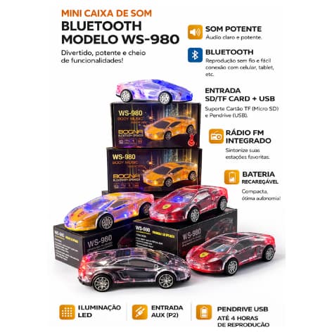 Caixa de Som Carro WS-980 Bluetooth 5W LED RGB FM USB TF
