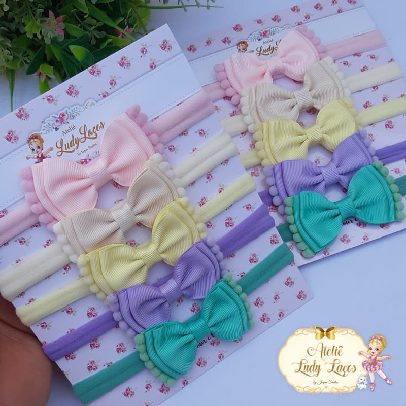 Kit 5 Faixas de Cabelo para Bebê Laço Pompom Tiara Confortável Premium