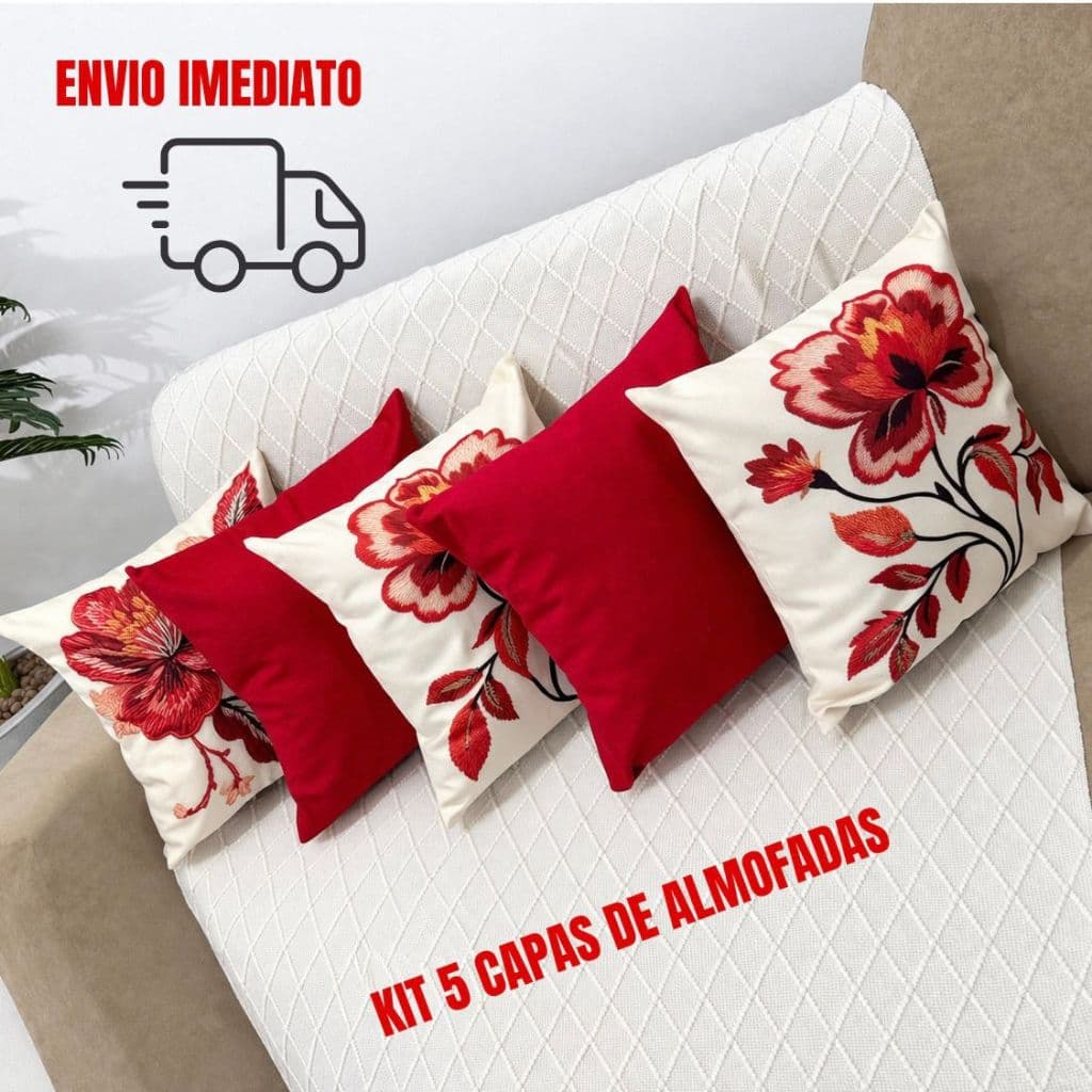 Kit 5 Capas De Almofadas 45cmx45cm Floral Vermelha suede sublimadas com efeito 3D Decorativas