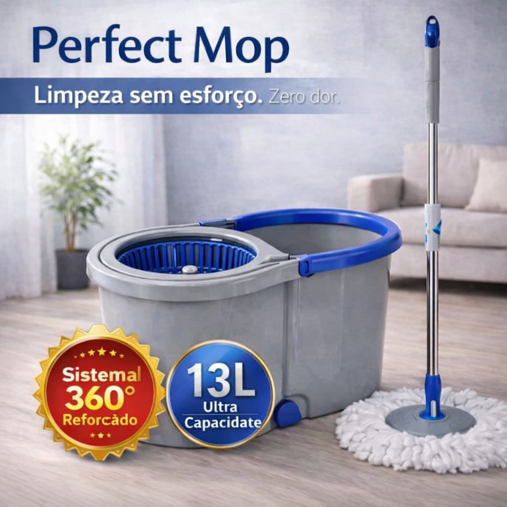 Esfregão Mop Fit Giratório 13 Litros com Cabo Inox Regulável Cesto Balde Multiuso