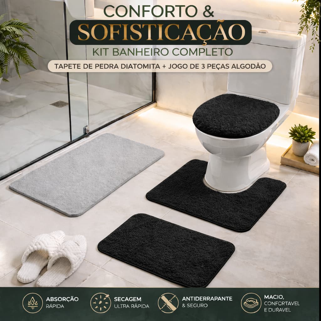 Tapete Pedra Diatomita Para Banheiro Secagem Rápida + Jogo Tapete Banheiro 3 Peças Preto Creme Cinza