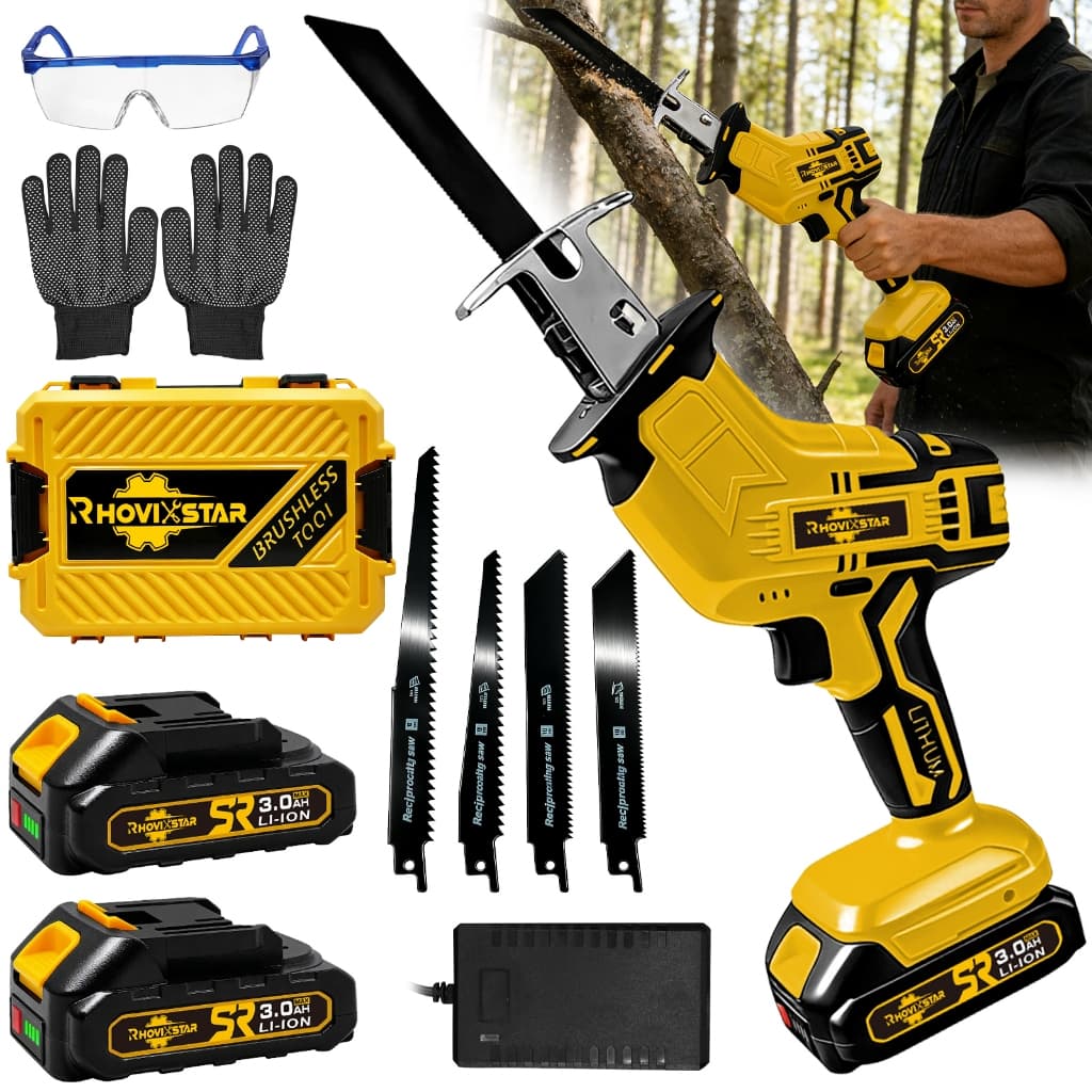 RhoviStar Serra Elétrica Sem Fio, Kit De Serra Recíproca, Motor Sem Escovas 1500W 3200 rpm, Acompanha 2 Baterias