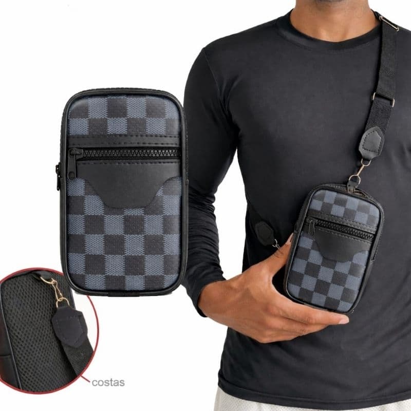Shoulder Bag Masculina Transversal Quadriculada Bolsa Tiracolo Compacta Anti Odor Zíper Reforçado