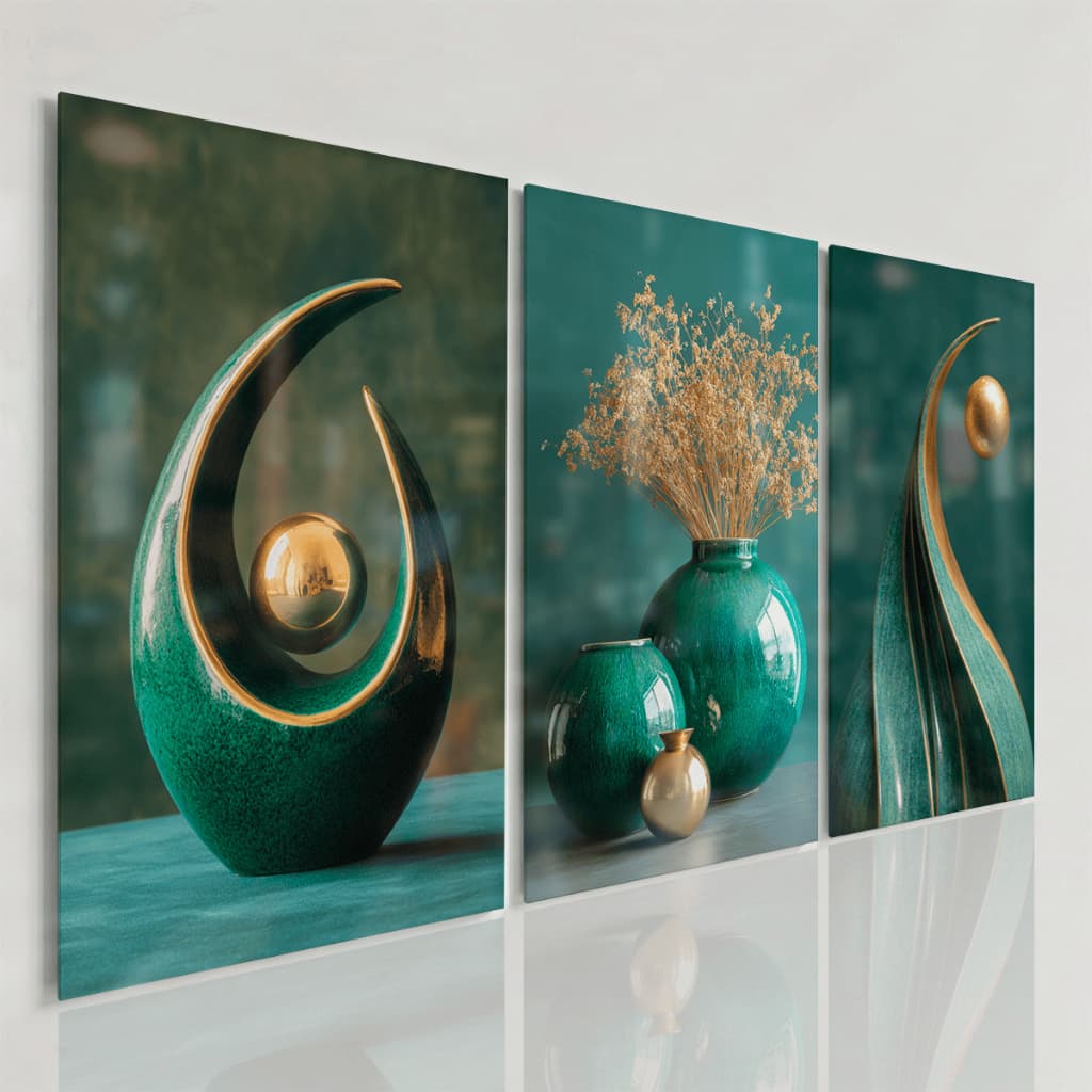Quadros Decorativos Esculturas Vasos Verdes Dourado Luxo Sofisticação Kit 3 Peças