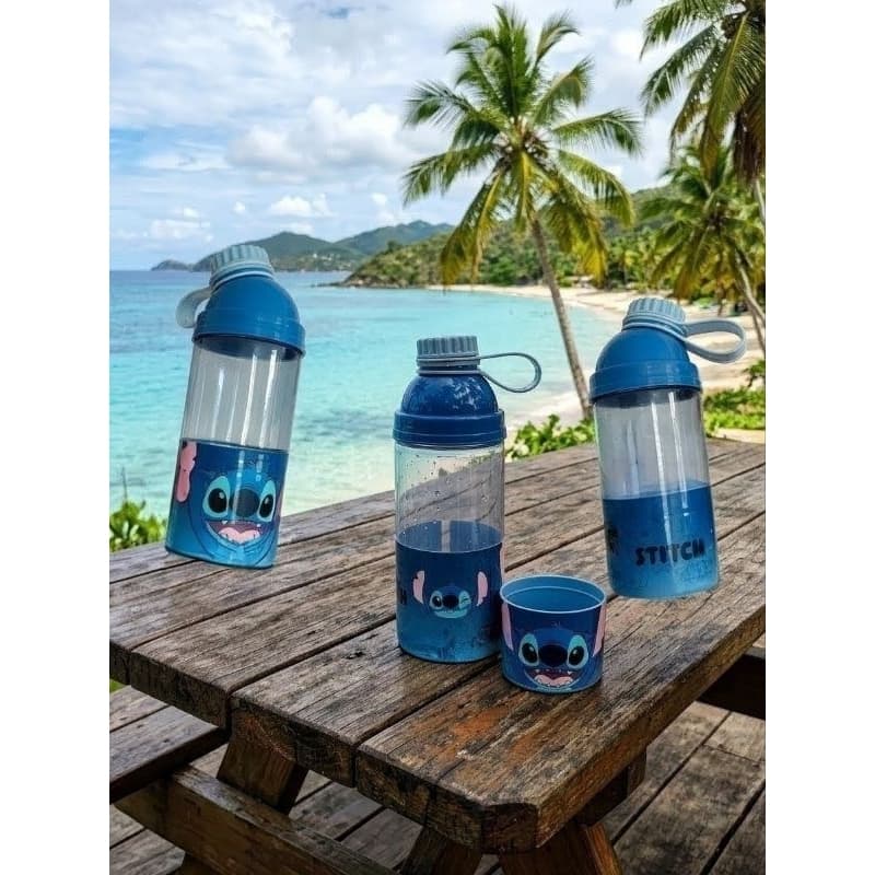 Garrafa Infantil 350ml Avon Plasutil com Copo Personagem Stitch Azul Portátil Escolar