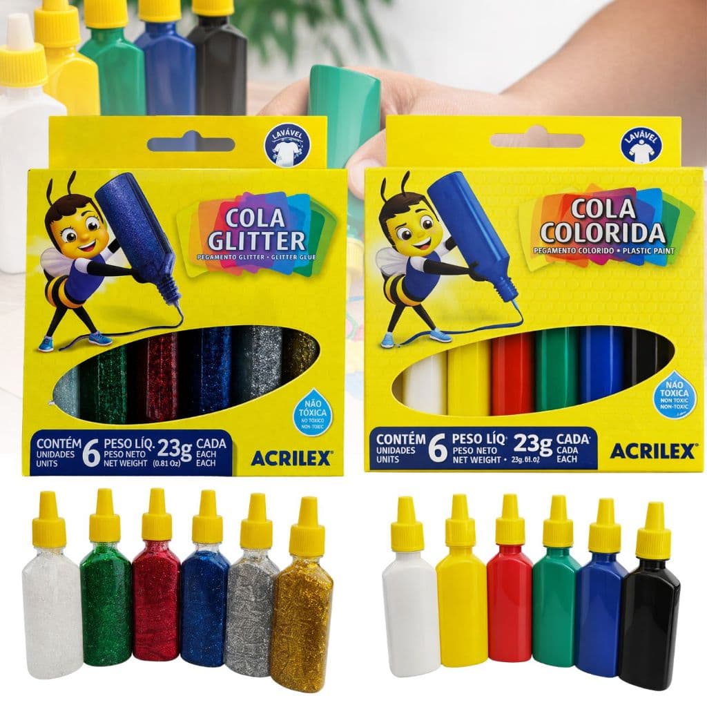 Kit Cola Colorida / Cola Glitter Acrilex 23gr Cada Tinta Pláscita Escola Artesanato Manuais