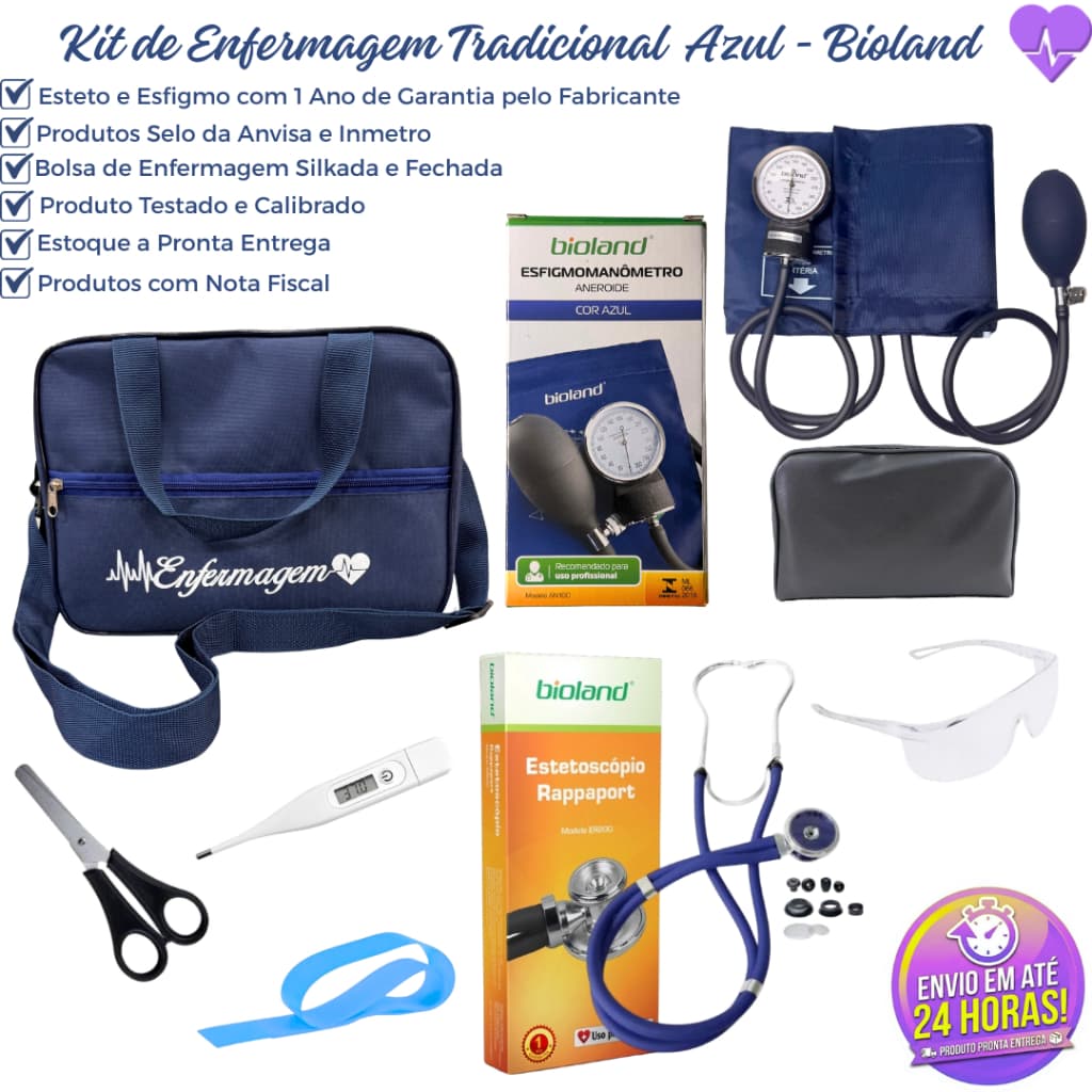 Kit de Enfermagem Completo com a Bolsa Toda Fechada, Medidor de Pressão e Esteto da Bioland e Acessórios
