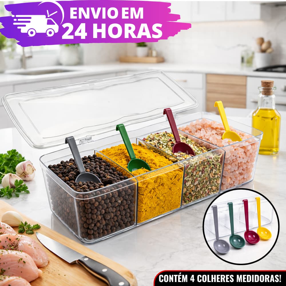 Porta Temperos Organizador 4 Divisórias Com 4 Colheres Pote Condimentos Cozinha 4 Divisórias