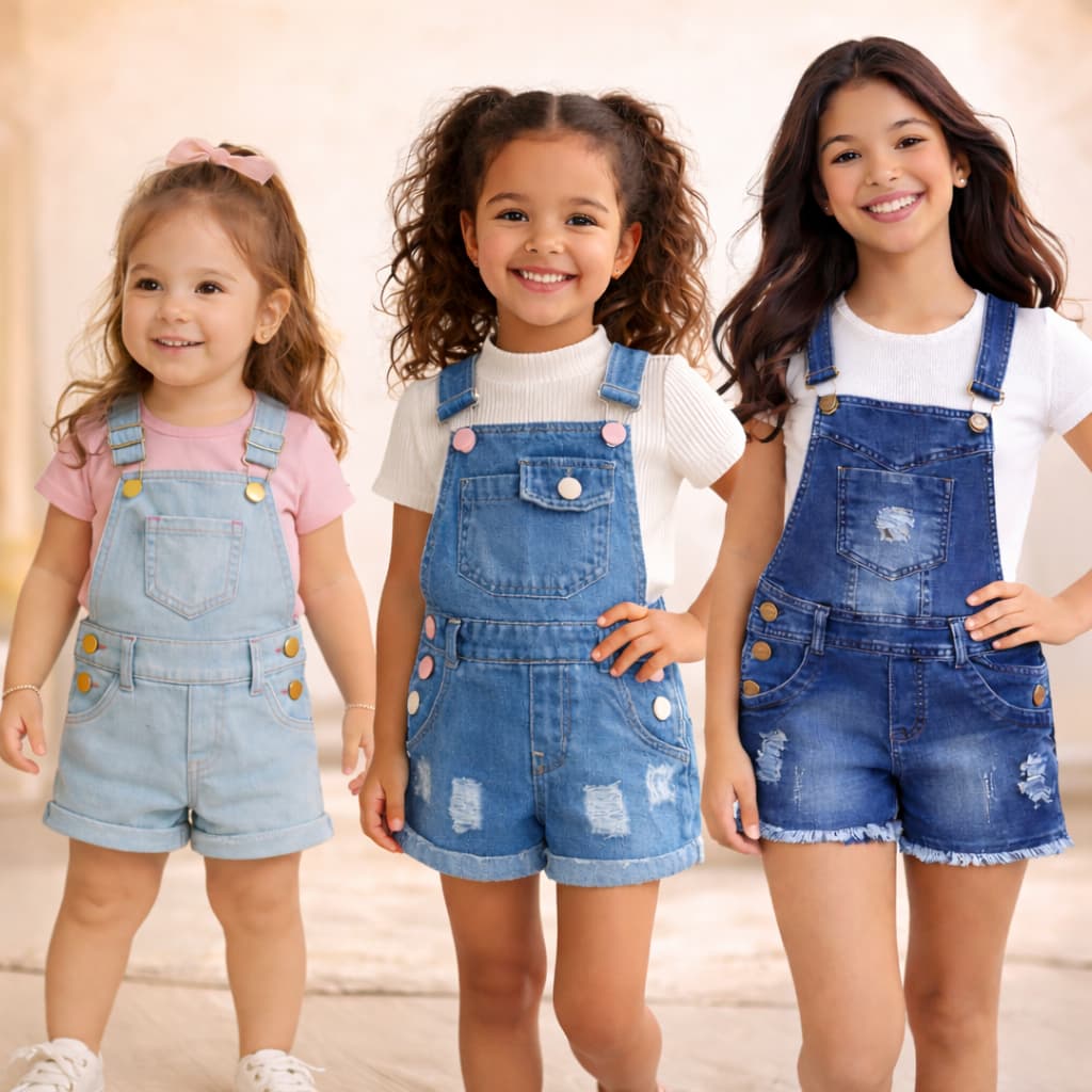 Macacão Jeans Infantil Menina | Salopete Moderna com Botões | Tamanhos 3, 4 e 14