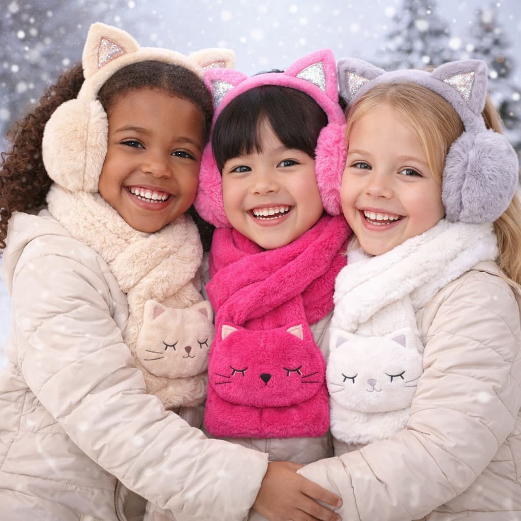 Kit Inverno Infantil Meninas 2 pçs Protetor de Orelha Gatinho e Cachecol Gatinho Pelucia 1-3 Anos