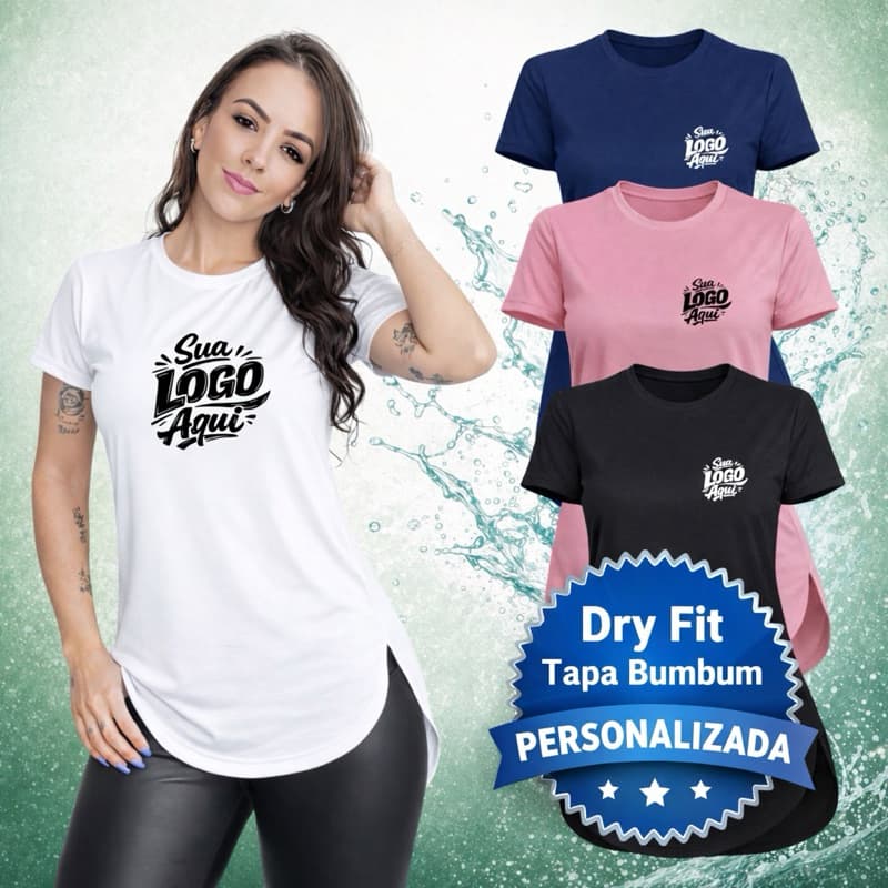 Blusa Fitness Personalizada Do Seu Jeito Tapa Bumbum Dry Fit UV Academia Alongada Camiseta Feminina