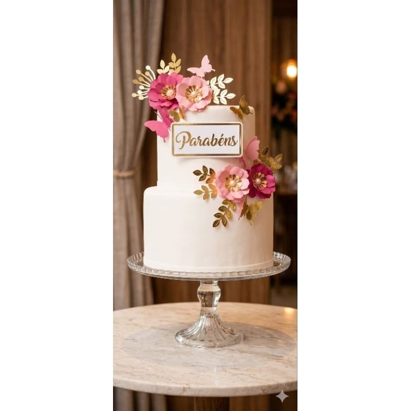 Topo de Bolo Kit Delicadeza - Flores 3D + Borboletas + Placa Parabéns de papel