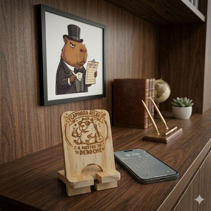 Suporte Celular de Mesa Madeira Pinus Decorativo Capivara Bulldog Tatu Presente Criativo Escritório Geek