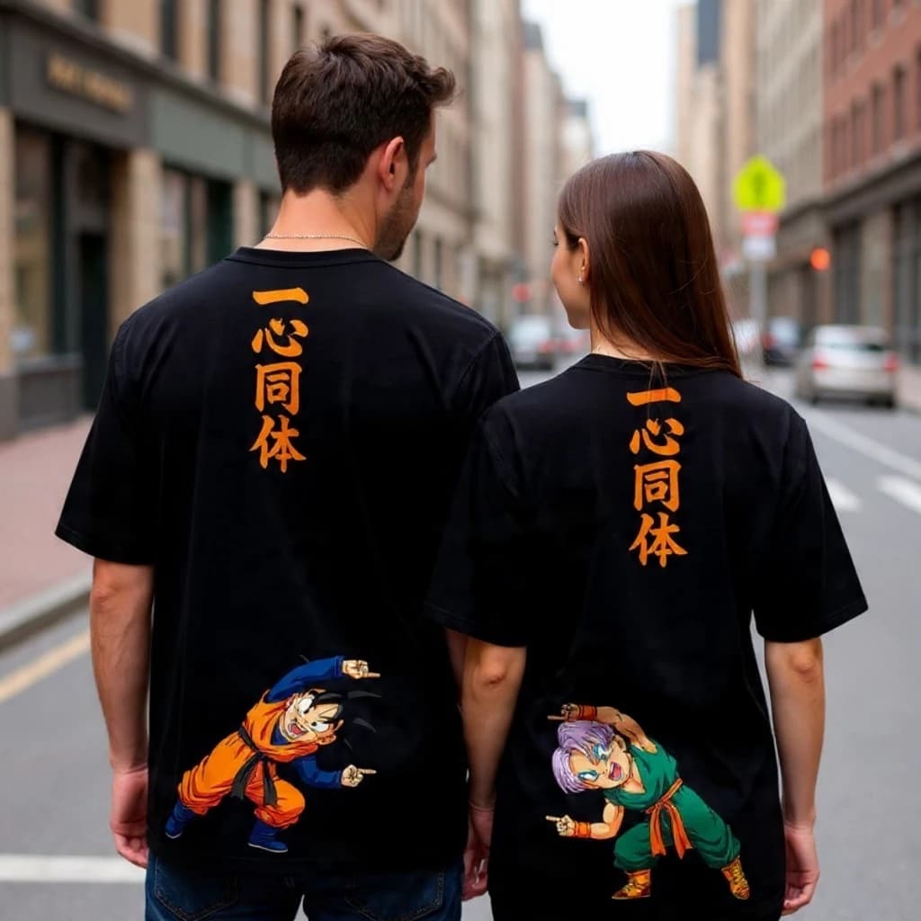 Kit 2 camisetas streetwear Dragon Ball Fusion Goku e Trunks estampa japonesa minimalista 一心同体 100% algodão estilo urbano